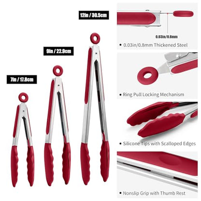 Doosu 600°F Heat Resistant Kitchen Food Tongs for Cooking with Non-Scratch Silicone Tips(7+9+12in, Red) & 600°F Heat Resistant Spatula Set of 4 for Cooking Baking Stirring (Aqua Sky+Orange+Red+Purple)
