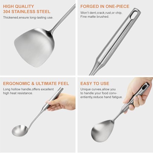 304 Stainless Steel Cooking Utensils Set, 12 Pcs Long Stainless Steel Kitchen Utensils Set, Metal Cooking Utensils Set with Potato Masher, Spoon, Ladle, Skimmer, Pasta Server etc(Dishwasher Safe)
