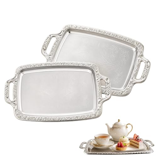 2 Pack Silver Serving Trays with Handles, Floral Engraved Polished Metal Platters, Multipurpose Decorative Tray for Food Serving Jewelry Cosmetics Home Party Decor