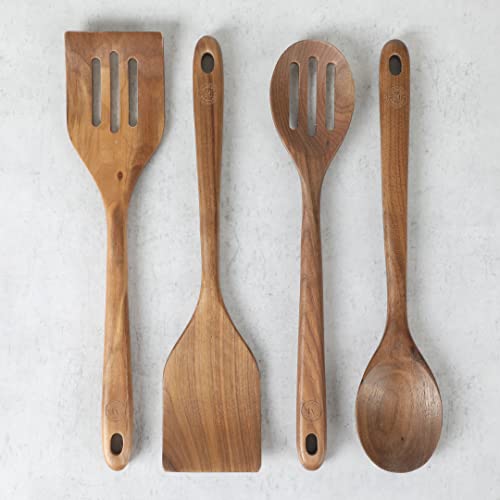 Martha Stewart Bainford 4-Piece Wooden Kitchen Utensil Set, Walnut – Cooking Spoons and Turner Tools for Nonstick Cookware, Heat Resistant, Durable Hardwood