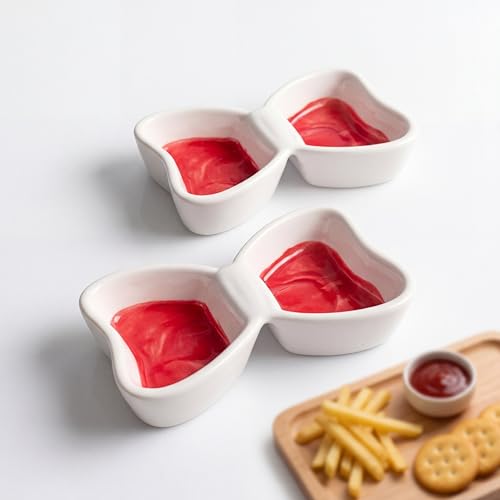 Ceramic Sauce Dishes, 2-Compartment, 2-Pack, Red | Butterfly bowls keep dips in separate wells; 3 oz capacity suits sushi, snacks, appetizers, condiments, and individual sides. - color: Red