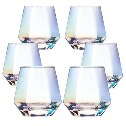 BACLIFE Hand Blown Stemless Wine Glasses Set of 6 – 10 oz Crystal Red Wine Glass – Premium Iridescent Diamond Shaped Drinking Glasses in Gift Box – Unique Gift for Wedding, Anniversary, Father's Day | 10 oz Hand Blown Red Wine Glasses, Unique Gift for Wed