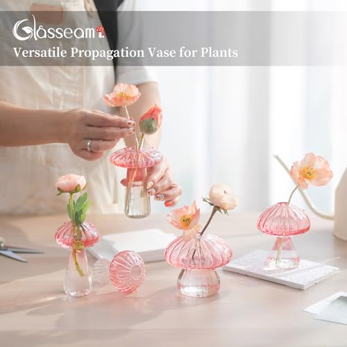 Glasseam Mushroom Plant Propagation Station: 5 Pcs Pink Glass Terrarium Jar | Handmade, Small Hydroponic Planters, Pothos Cutting Propagation Vase, Windowsill, Office, Table Centerpieces, Gifts for Women - color: Pink, size: 10