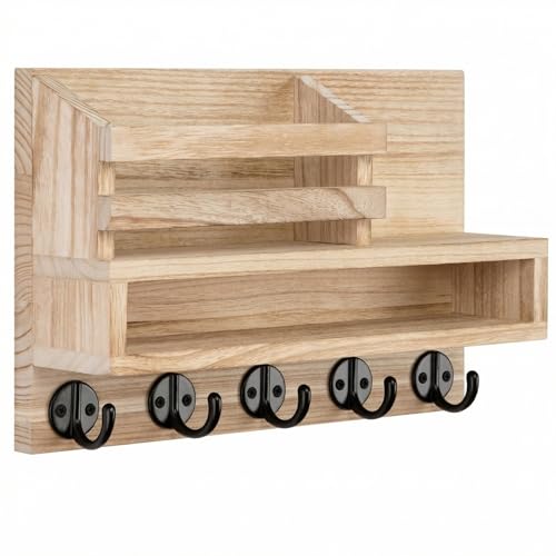 Key Rack Wall Mount - Mail Organizer with 5 Key Hooks, Paulownia Wood, 11.8x7.1 Inch, Apartment Wall Decor, Includes Mounting Accessories (Light Burn Color) - color: Light burn color