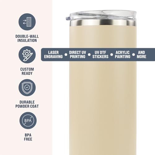 Hogg 20 oz Skinny - Beige, Powder Coated Tumblers for Laser Engraving, Engravable Tumblers Bulk, Stainless Steel Cups Bulk, Insulated Cups with Lids - color: Beige