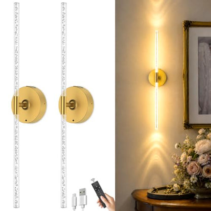 Rechargeable Wall Lights Battery Operated Sconce 2Pack(Gold Bubble Crystal) | 10000mAh Wireless Wall Lights With Touch & Remote, 4CCT, 360° Rotatable Wall Lamp for Bedroom Living Room Hallway 31.5in - color: Bubble Crystal Gold