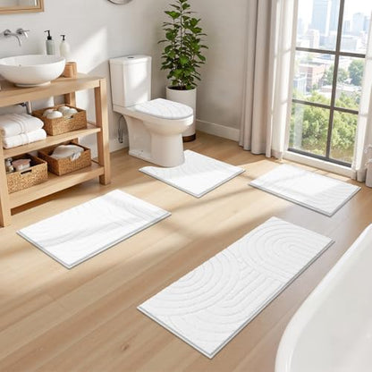 Pauwer Bathroom Rugs Sets 5 Piece, Absorbent Non Slip Bath Mat Set, White | Machine Washable, Microfiber Plush, Quick Dry Runner, U Shaped Contour Toilet Rugs, Shower Mats and Toilet Lid Cover - color: White