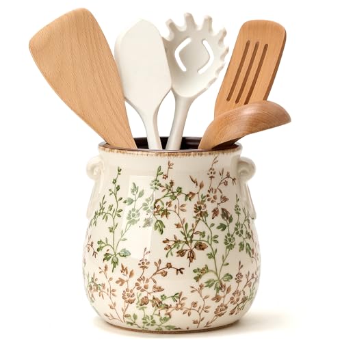 Utensil Holder for Kitchen Counter, Modern Farmhouse Rustic Cooking Utensil Holder and Crock, Exquisite Chinoiserie Floral Ceramic Utensil Organizer for Home Kitchen Decor- Green and Beige - color: Green and Beige- 2 Ears