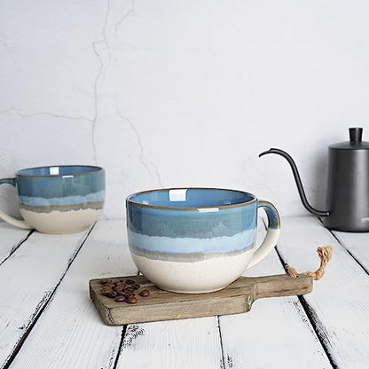 Bosmarlin Ceramic Jumbo Coffee Mug Set of 2, 23 Oz, Large Mug Soup Bowls with Handles, Dishwasher and Microwave Safe (Blue) - color: Blue