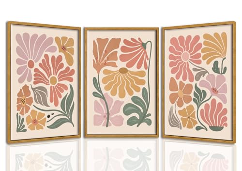 TBKHUDBI Framed Boho Flower Wall Art Abstract Floral Canvas Pictures Prints Set of 3 Minimalist Botanical Painting Poster Flower Market Aesthetic Wall Decor for Living room Bedroom 12"x16" - color: Boho, size: 12"x16" Neutral Framed