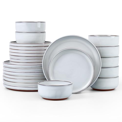 E-far Stoneware Dinnerware Sets for 8, 24 Pieces Reactive Glaze Plates and Bowls Sets, Elegant Dishes with Rustic Terracotta Clay Base, Dishwasher & Microwave Safe, Scratch Resistant, Glacier White - color: Glacier White, size: Service for 8