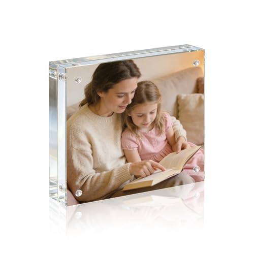 Acrylic Frame, 5x5 Picture Frame 1 Pack, 20MM Thicker Block, Double Sided Magnetic Clear Freestanding Photo Frame for Desk or Tabletop Display - size: 5x5" 1pack