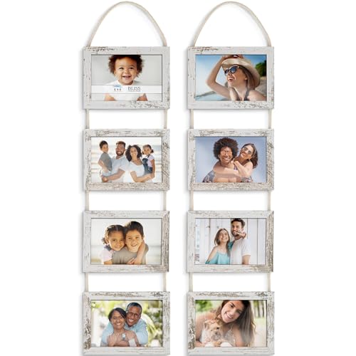 4x6 Hanging Picture Frames Collage with 8 Openings - Distressed White, 2 PK | Icona Bay casual style engineered wood frames, designed for wall hanging, space-saving photo display, Bliss collection - color: Distressed White, size: 4x6