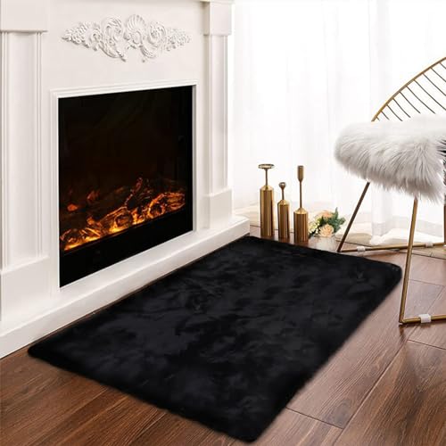 Latepis Small Black Fluffy Rug 2x3 Throw Faux Rabbit Fur Soft Rug Washable Furry Shag Rugs for Bedroom, Dorm, Nursery, Chair Seat Cover, Shaggy Cute Rugs for Room - color: Black, size: 2' x 3' (Rectangular)