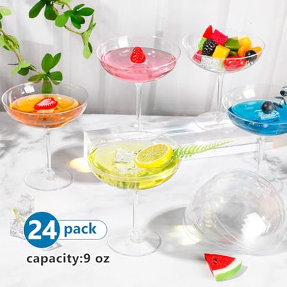 LemonRoad 24 Pcs Plastic Coupe Glasses 9 oz Disposable Martini Glasses for Cocktails, Champagne, Desserts and Espresso, Drinkware Set for Weddings, Birthday Parties, Home Bars (Clear) - color: Clear