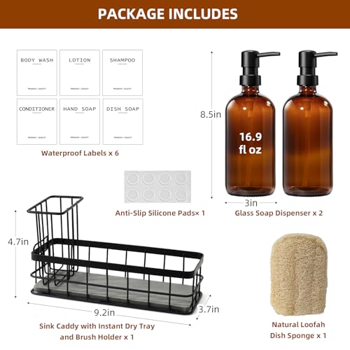 Dish Soap Dispenser for Kitchen, 16.9 fl oz Amber Hand and Dish Soap Dispensers, Kitchen Soap Dispenser Set with Sponge Holder, Brush Holder and Loofah Sponge, Countertop Sink Organizer Accessories - color: Amber