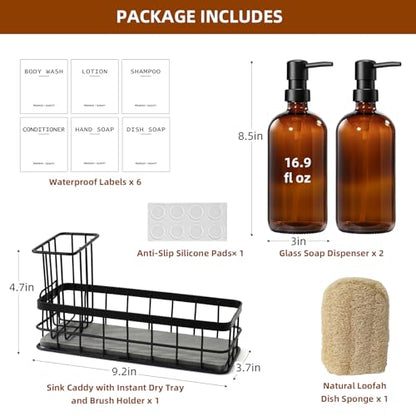 Dish Soap Dispenser for Kitchen, 16.9 fl oz Amber Hand and Dish Soap Dispensers, Kitchen Soap Dispenser Set with Sponge Holder, Brush Holder and Loofah Sponge, Countertop Sink Organizer Accessories - color: Amber
