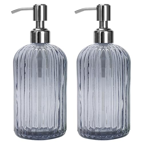Grey Glass Soap Dispenser 18 oz, 2 Pack Hand Dish Soap Dispensers Bathroom with Stainless Steel Pump, Refillable Kitchen Liquid Decorative Bottles for Hand Sanitizer, Lotion - color: Grey X 2