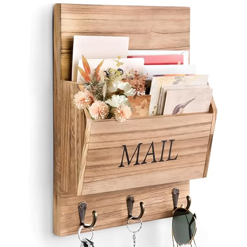 Tefola Wall Mount Mail Organizer with Key Hooks - Wooden Mail and Key Organizer, Letter Holder with 3 Hooks for Entryway Bedroom, 10.6 x 13.6 inches
