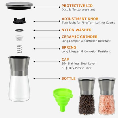 Silver Premium Stainless Steel Salt and Pepper Grinder Manual | Adjustable Ceramic Mill, Glass Spice Shaker - Spice Mill [No Spices Included] - color: Silver, size: 1PK