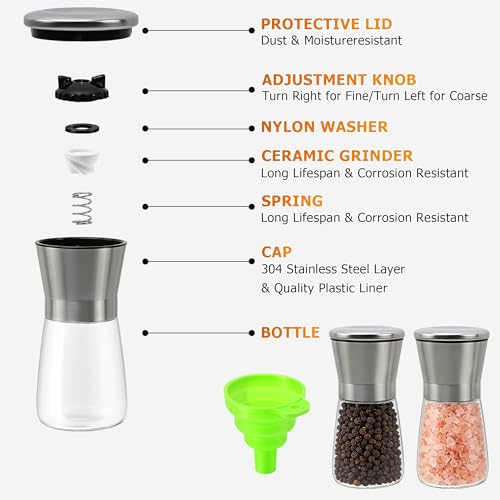 Silver Premium Stainless Steel Salt and Pepper Grinder Manual | Adjustable Ceramic Mill, Glass Spice Shaker - Spice Mill [No Spices Included] - color: Silver, size: 1PK