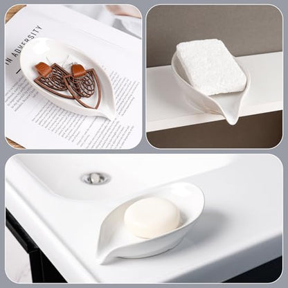 Soap Holder, Self-Draining Soap Dish, White Leaf Shape Ceramic Bar Soap Holder Drain Soap Dishes for Bathroom Sink Kitchen, Easy to Clean Keeps Soap Dry, ANTIS'S HOME - color: White-enhanced Drainage-1pcs