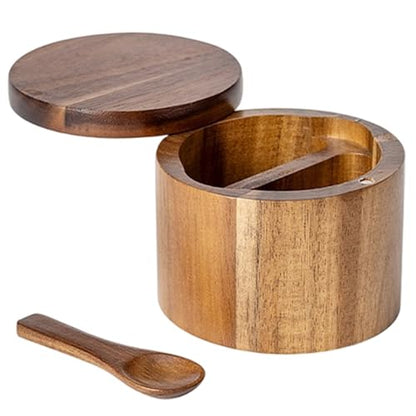 Salt Container with Spoon 2 Compartment 3.5x2.8 Inch Wooden Cellar with Magnetic Swivel Lid Spice Box for Kitchen, Salt Box