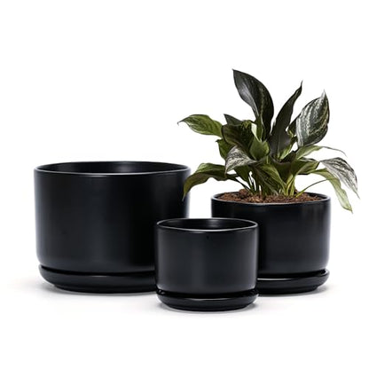 Flower Pots,Ceramic Pots with Drainage Holes & Saucer Set of 3(Matte Black) | Planters for Indoor Plants | Small Succulent Pots | Cute Pots for Plants | Ceramic Planter | 4+5+6.5 Inch Garden Pots - color: Matte Black