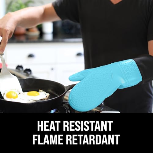 BPA-Free Soft Silicone Oven Mitts - Ultra Heat Resistant Oven Mitts with Thick Cotton Liner - Extra Long Slip Resistant Pot Holders, Flexible Oven Gloves - Aqua/Black 14.7" - color: Aqua, size: 2-Piece 14.7" Oven Mitts