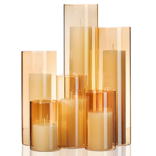 Set of 6 Pillar Candles and Glass Cylinder Vases Assorted Sizes Cylinder Holders for Pillar Candles Home Table Centerpieces Wedding Party Decorations (Ivory，Amber) - color: Ivory, Amber
