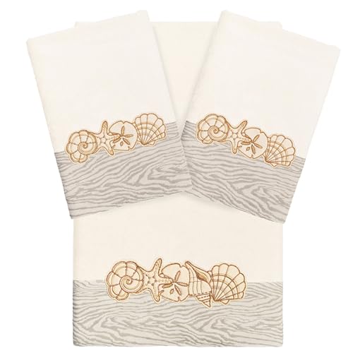 Seaside 3-Piece Towel Set, Embroidered Seashells, 100% Turkish Cotton, Ultra Absorbent & Soft, Coastal Bathroom Decor, 1 Bath 2 Hand Towels, Beige - color: Beige, size: 1 Pc Bath 2 Pcs Hand Towel