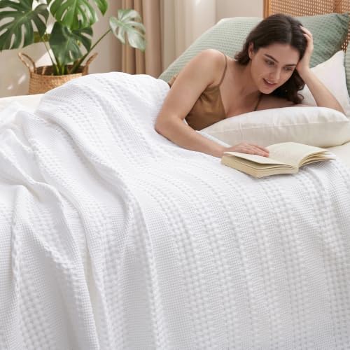 PHF Cooling Waffle Blanket Twin Size for College Dorm, Lightweight 60% Rayon from Bamboo & 40% Cotton Breathable Blanket for Hot Sleepers, Summer Use, Soft Luxury for Bed Couch Sofa, 66"x90", White - color: White 02, size: Twin(66 " X 90")