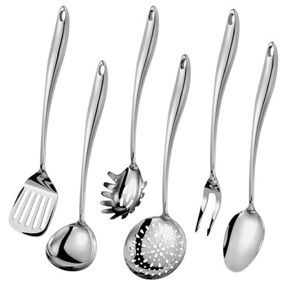 304 Stainless Steel Kitchen Utensils Set, 6 Pcs Long Metal Cooking Utensil with Spatula, Solid Spoon, Ladle, Skimmer, Spaghetti Spoon, Meat Fork, Dishwasher Safe - size: 6PCS-Silver-Style A