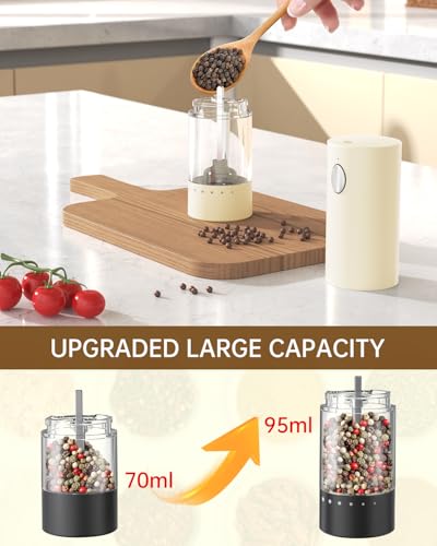 CIRCLE JOY Electric Salt and Pepper Grinder Set Automatic Salt and Pepper Grinder Set with Easy-to-Carry Charging Base and LED Light, USB Rechargeable, External Adjustable Coarseness, Light Yellow - color: Beige