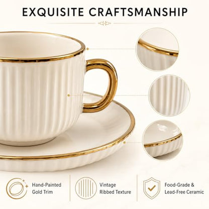 Espresso Cups with Saucers, Set of 6, Stackable Demitasse Coffee Cups with Gold Trim, Lead-Free Ceramic Cappuccino Mugs for Coffee Bar, Latte, Mocha, Tea - Modern Home Cafe (3, Fluid Ounces)