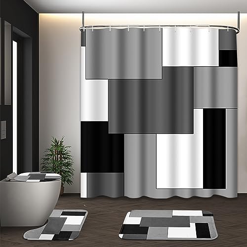 Bathroom Sets with Shower Curtain and Rugs, 4 Pcs, Checkered | Geometric Abstract Modern Bathroom Decor Set with Toilet Lid Cover, Non-Slip Bath Mats and Accessories 12 Hooks - color: Abstract Geometric Grey
