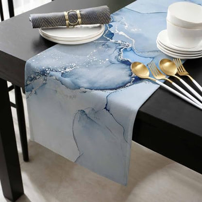 Marble Table Runner 90 Inches Long - Ombre Blue Marble Grey Farmhouse Modern Kitchen Dining Burlap & Cotton Tablerunner for Small/Round/Square/Wedding/Coffee/Dining Table Party Home Décor - size: 13 x 90 In