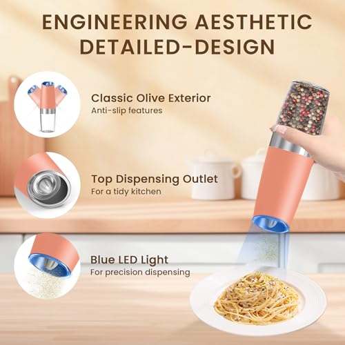 Battery Gravity Salt Pepper Grinder Set, 2 Pack (Pink) | Gravity Automatic Grinder With LED Light & Adjustable Roughness, Each Requires 6 AAA Batteries For Kitchen Daily Seasoning - color: Battery/Set/Pink