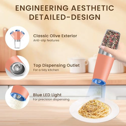 Battery Gravity Salt Pepper Grinder Set, 2 Pack (Pink) | Gravity Automatic Grinder With LED Light & Adjustable Roughness, Each Requires 6 AAA Batteries For Kitchen Daily Seasoning - color: Battery/Set/Pink