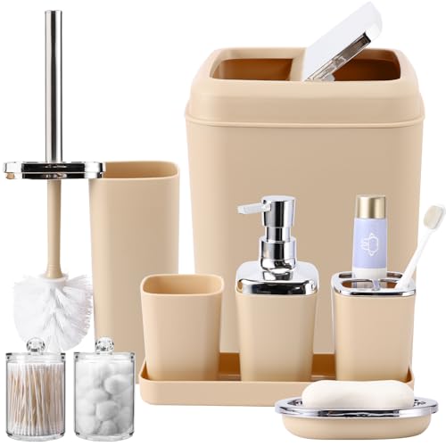XLHOMO Beige Bathroom Set, Plastic 9-Piece Bathroom Set with Trash Can, Soap Dispenser, Toothbrush Holder, Toothbrush Cup, Soap Dish, Toilet Brush, Tray and Q-tip Holders for Bathroom/Housewarming - color: Beige, size: Bathroom Set
