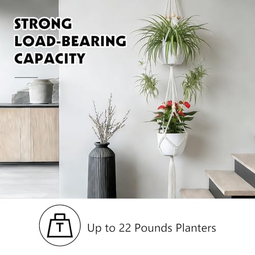 Macrame Plant Hangers 2 Pack, 50 in, Indoor Outdoor, Beige | Natural Cotton Rope, Double-Tier Design, Includes Hooks, Fits Living Room, Balcony, Kitchen, Office
