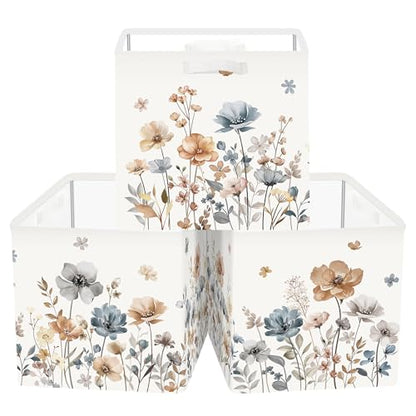 Clastyle 11.8" Flower Storage Basket Set of 3 for Kid Women Toy Clothes Bin | Collapsible Fabric Book Bin, Metal Frame Bottom Board, Cube Organizer, Closet Nursery Pantry Shelf Bedroom, Boho Meadow - color: Brown