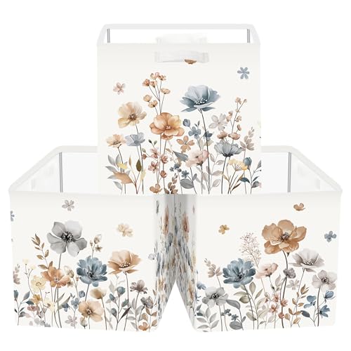 Clastyle 11.8" Flower Storage Basket Set of 3 for Kid Women Toy Clothes Bin | Collapsible Fabric Book Bin, Metal Frame Bottom Board, Cube Organizer, Closet Nursery Pantry Shelf Bedroom, Boho Meadow - color: Brown