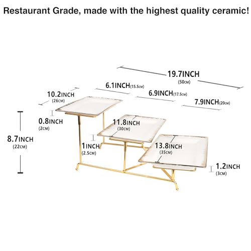 3-Tier Serving Rack with Ceramic Serving Tray, Foldable Gold Stand with 3 Pieces 10.2"/11.8"/13.8" Gold Rim Large Plates for Food Display, Fruit, Dessert Server Display and Entertaining - color: 3-tier 10.2"/11.8"/13.8" Serving Rack