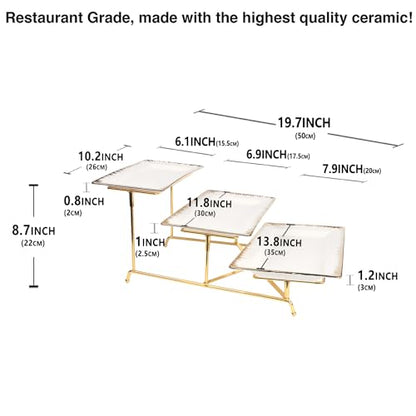 3-Tier Serving Rack with Ceramic Serving Tray, Foldable Gold Stand with 3 Pieces 10.2"/11.8"/13.8" Gold Rim Large Plates for Food Display, Fruit, Dessert Server Display and Entertaining - color: 3-tier 10.2"/11.8"/13.8" Serving Rack