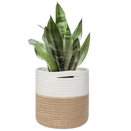 Small Wicker Plant Basket Indoor, 8"x8" Jute Spliced Cotton Rope Basket Planter Up to 7" Pot, Modern Flower Tree Pots Cover, Small Floor Woven Planters, Home Decor Storage Bin - color: White and Jute, size: 8"x8"