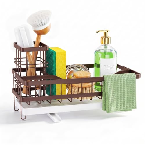 Sponge Holder for Kitchen Sink, Self-draining Sink Caddy with Towel Rack and Brush Holder, Metal Kitchen Countertop Organizers and Storage Essentials, Bronze - color: Bronze