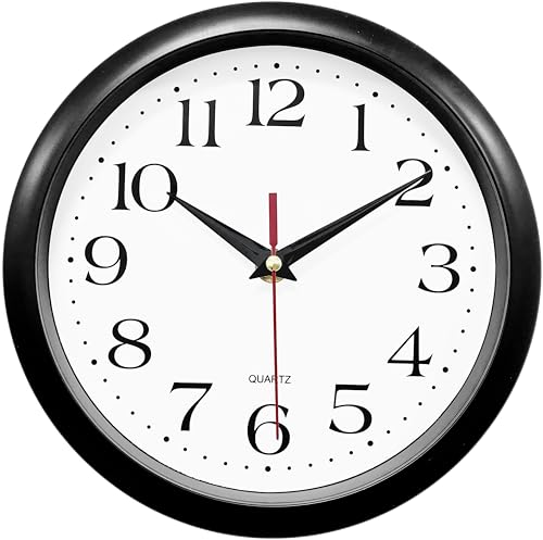Bernhard Products Black Wall Clock Silent Non Ticking 8 Inch Quality Quartz Battery Operated Round Easy to Read Home/Office/Kitchen/Classroom/School Clocks Sweep Movement - size: 8 Inch