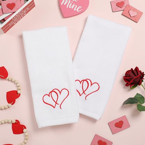 Valentines Day Hand Towels 100% Cotton Embroidered Red Heart Decorative Bathroom Kitchen Dish Towels Set Gift Set of 2 14x29 inch - color: Va.red Love