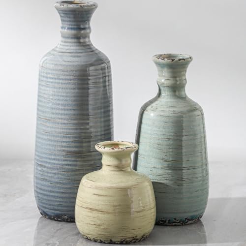 Ceramic Vase Set of 3, Rustic Neutral Vases Home Decor Farmhouse Decorative Flower Vase Modern Boho Pampass Vases for Table Mantel Entryway Shelf Living Room Kitchen Bathroom - Multicolor - color: 011 - Multicolor